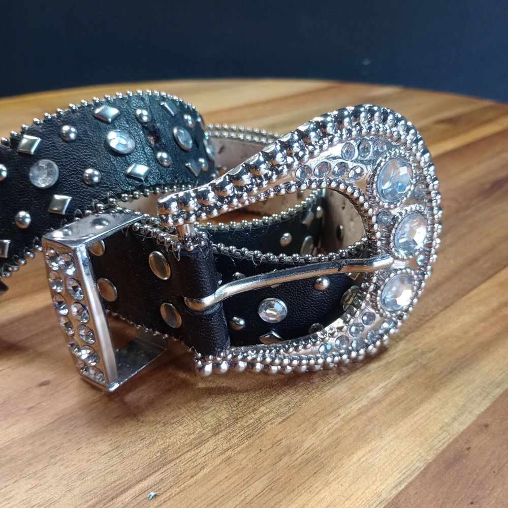 Y2K Fashion Rhinestone Belt Vegan Leather Studded Size S Western Rocker Biker